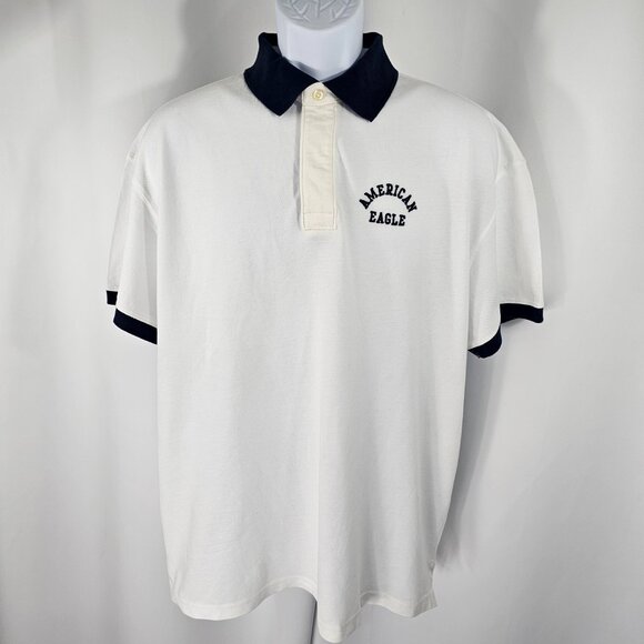 American Eagle Men's White & Navy Super Soft Short Sleeve Polo Shirt Size L - Picture 2 of 12